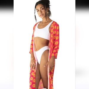 Solkissed Pink With Suns Floral Sheer Kimono Bathing Suit Cover